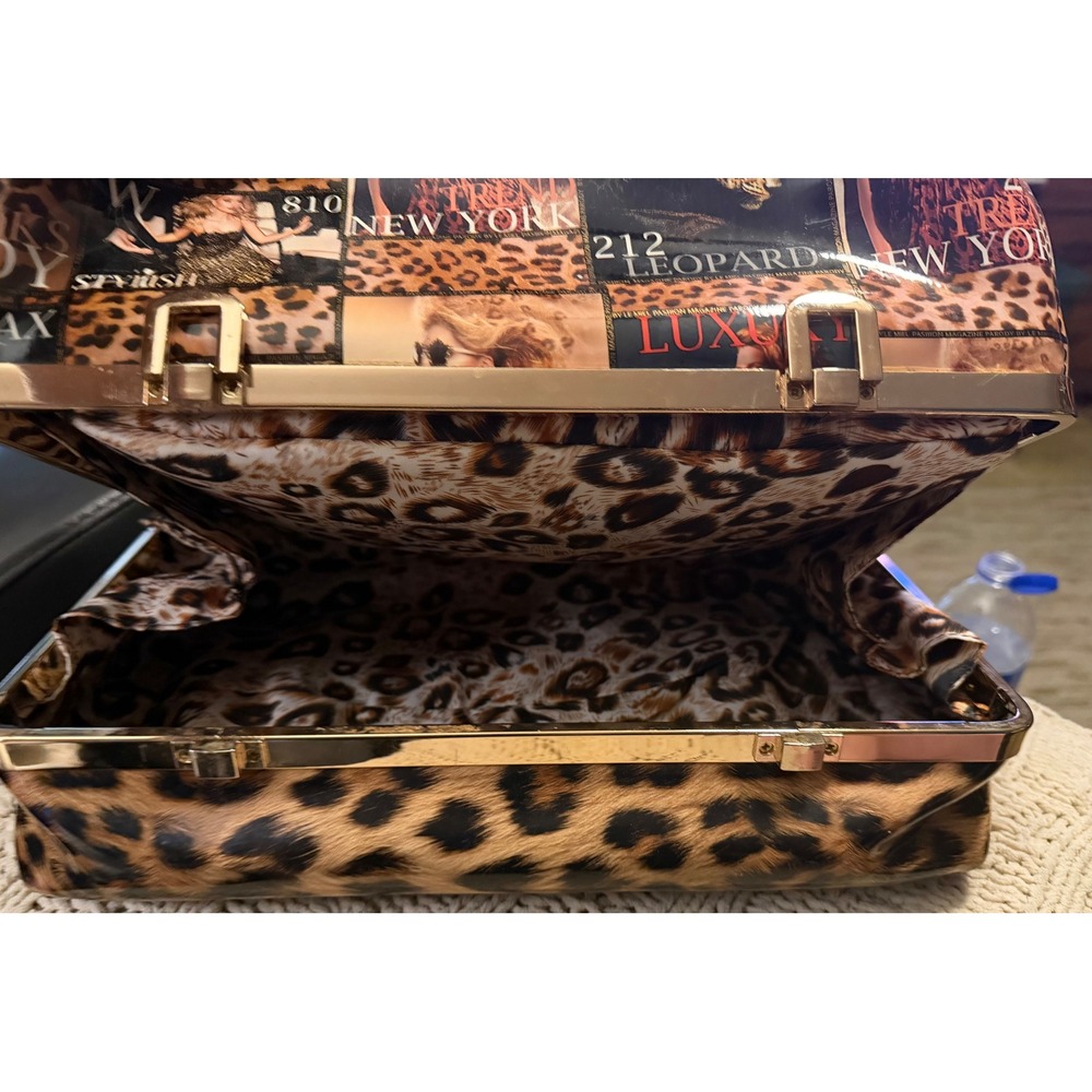 Le Miel Pasiion Leopard Magazine Print Satchel Bag Gold Frame Bottom Compartment - Picture 12 of 16